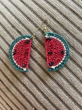 Crocheted Watermelon Half-Moon Earrings - Red & Green